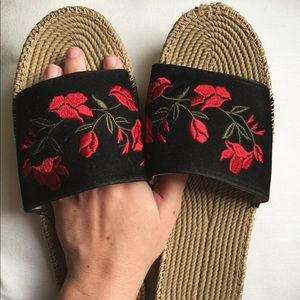 Floral Rose Embroidered Rope Slides